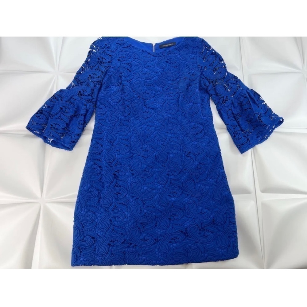 Cynthia Steffe Sz 10 Blue Crochet Lace Mini Sheath Dress Bell Sleeves Cocktail